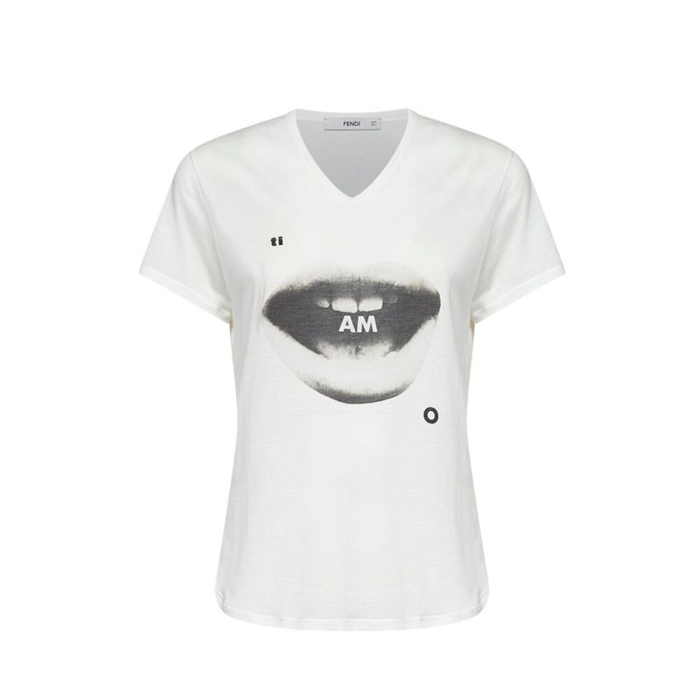 Fendi Women Ivory Cotton Jersey T-Shirt With Ti Amo Print